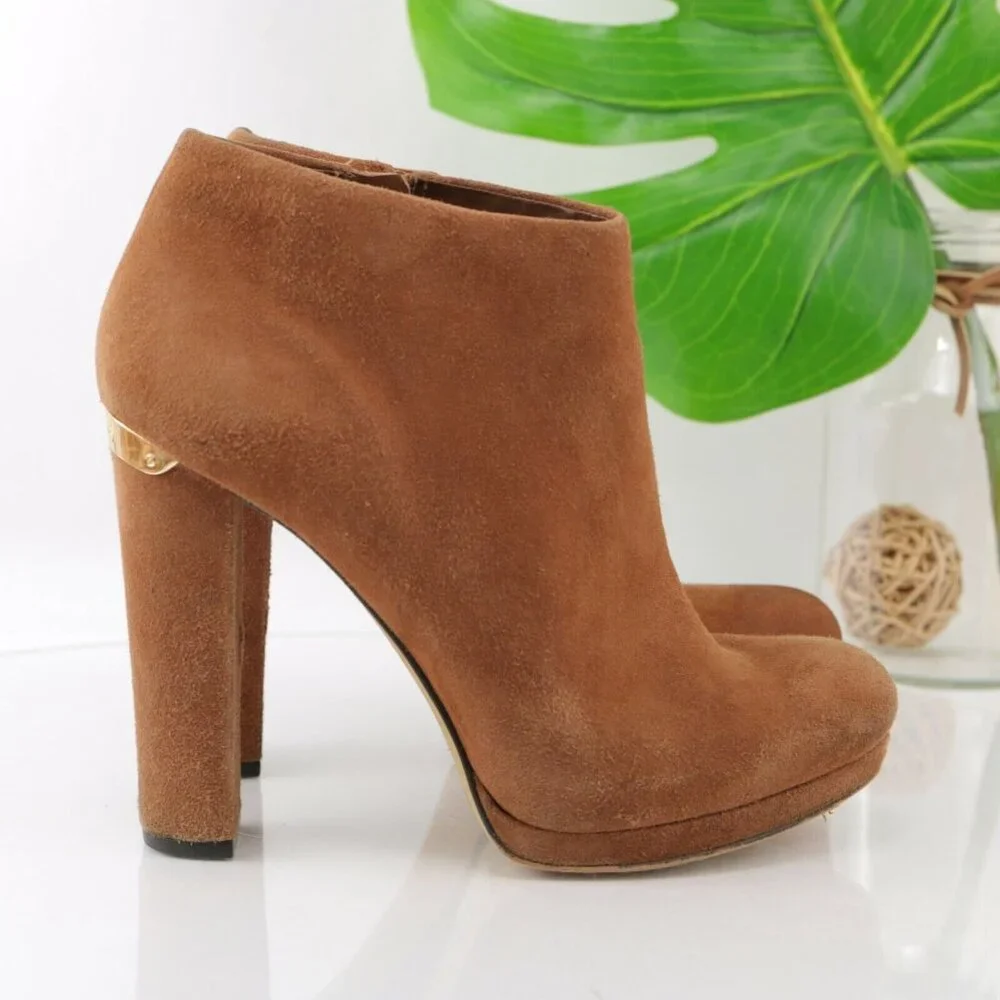 Michael Kors Womens Haven Boot Size 8 Camel Tan Suede Block Heel Platform Bootie